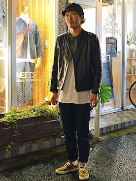 「アイテム（ライダースジャケット）」を使った、Issei Miyamotoさん（メンズ・178cm・20代）の秋コーディネート