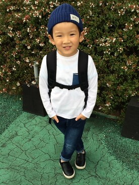 「Right-on KIDS（ライトオンキッズ）のアイテム（Tシャツ/カットソー、ホワイト系）」を使った、taipiyonさん（キッズ・120cm）の秋コーディネート