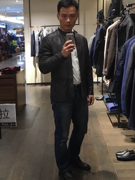 「HUGO BOSS（ヒューゴボス）のアイテム（ライダースジャケット）」を使った、怪蜀黍さん（メンズ・176cm）の冬コーディネート