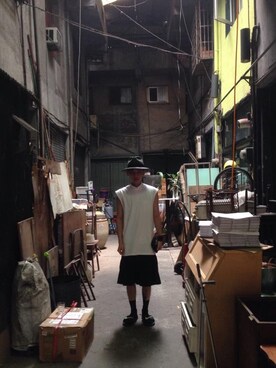 「TOPMAN（トップマン）のアイテム（帽子）」を使った、hsiehpajuさん（メンズ・170cm）の夏コーディネート
