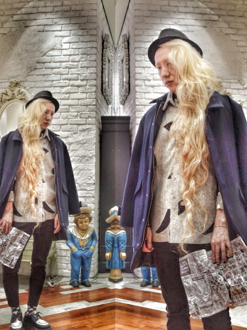 「new york hat、matatabi、asos、JOHN LAWRENCE SULLIVAN、happy socks、UNDERGROUND、mikio sakabe、DISCOVERED、WEARBOOKエントリー、blue」｜「DISCOVEREDのアイテム（ピーコート、ブルー系）」を使った、chuckle掐口さん（メンズ・172cm）の秋コーディネートの1枚目の写真