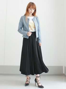 「アイテム（ライダースジャケット）」を使った、下西美希さん（レディース・165cm）の夏コーディネート