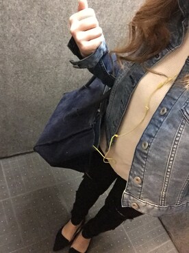 「GU（ジーユー）のアイテム（デニムジャケット、ブルー系）」を使った、MAHOPIさん（レディース・156cm）の冬コーディネート