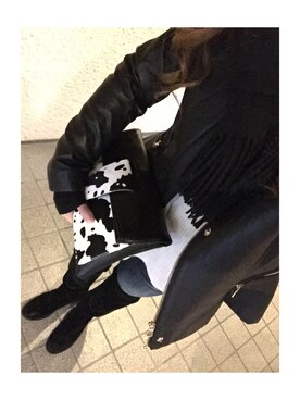「ZARA（ザラ）のアイテム（ライダースジャケット、ブラック系）」を使った、MAHOPIさん（レディース・156cm）の冬コーディネート