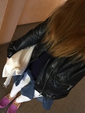 「ZARA（ザラ）のアイテム（ライダースジャケット、ブラック系）」を使った、MAHOPIさん（レディース・156cm）の春コーディネート