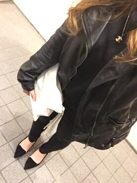 「ZARA（ザラ）のアイテム（ライダースジャケット、ブラック系）」を使った、MAHOPIさん（レディース・156cm）の春コーディネート