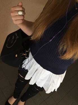 「MOUSSY（マウジー）のアイテム（ニット/セーター、ブルー系）」を使った、MAHOPIさん（レディース・156cm）の春コーディネート