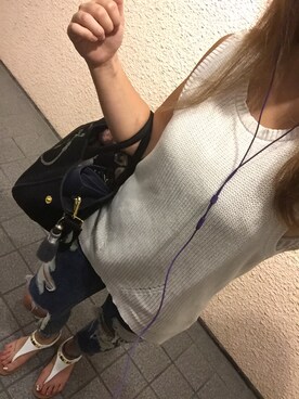 「no brand（ノーブランド）のアイテム（ニット/セーター、ホワイト系）」を使った、MAHOPIさん（レディース・156cm）の夏コーディネート