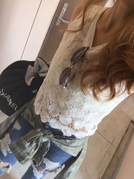 「CHANEL（シャネル）のアイテム（バックパック/リュック、ブラック系）」を使った、MAHOPIさん（レディース・156cm）の夏コーディネート