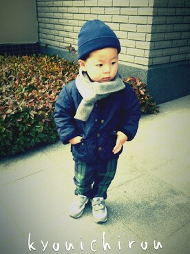 「アイテム（ナイロンジャケット）」を使った、asamiさん（キッズ・80cm）の冬コーディネート