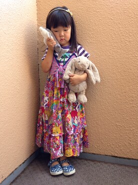「HAKKA KIDS（ハッカキッズ）のアイテム（Tシャツ/カットソー、パープル系）」を使った、rintanaochunさん（キッズ・110cm）の秋コーディネート