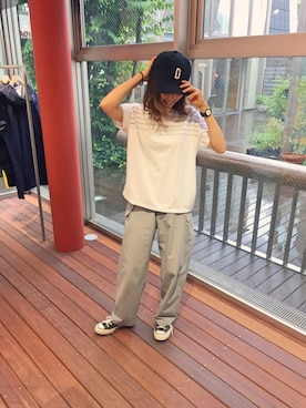 「TEMBEA（テンベア）のアイテム（キャップ）」を使った、hahaさん（レディース・157cm）の夏コーディネート