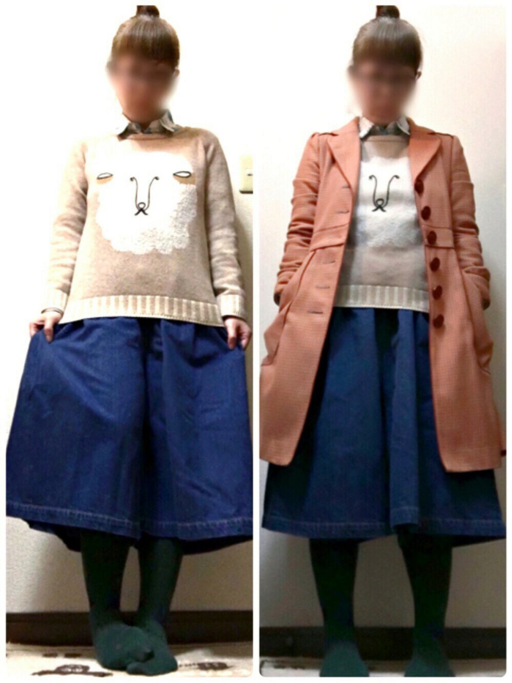 ピンク系のシャツ/ブラウス、ベージュ系のニット/セーター、オレンジ系のチェスターコートを着用したレディースの冬コーディネートの1枚目の写真