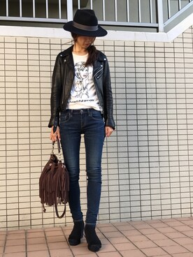 「フリンジバッグ」｜「アイテム（ライダースジャケット）」を使った、カワさん（レディース・165cm）の秋コーディネート