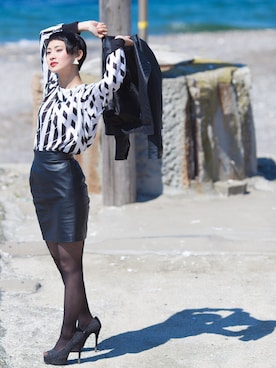 「撮影コーデ」｜「アイテム（ライダースジャケット）」を使った、服部奈々さん（レディース・158cm）の春コーディネート