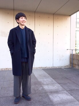 「JUNRED（ジュンレッド）のアイテム（チェスターコート）」を使った、tmkさん（メンズ・168cm）の秋コーディネート