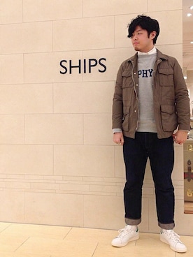 「シップス」｜「アイテム（ミリタリージャケット）」を使った、植松さん（メンズ・181cm）の冬コーディネート