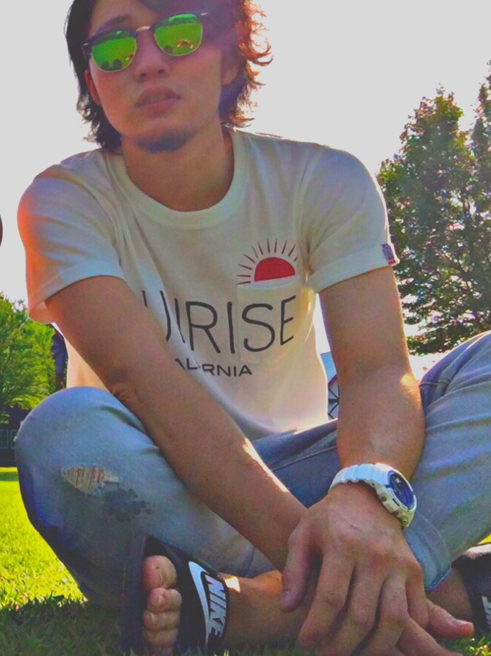 「過去code、メンズ、サングラス、夏服、follow、GAP、G-SHOCK、men、サンダル、ベナッシ」｜「G-SHOCKのアイテム（アナログ腕時計、ホワイト系）」を使った、うごまんさん（メンズ・170cm）の秋コーディネートの1枚目の写真