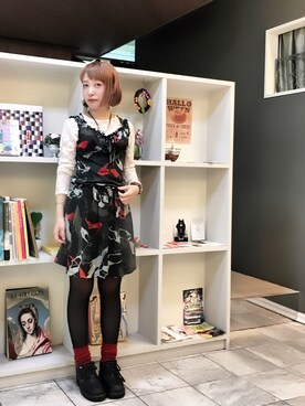 「柄×柄」｜「アイテム（その他シューズ）」を使った、がま子さん（レディース・154cm）の秋コーディネート