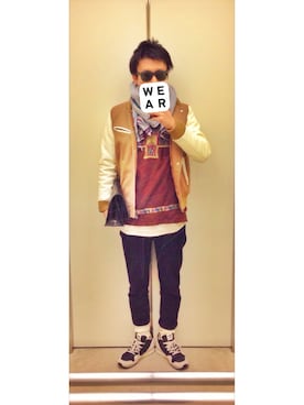 「赤ニット」｜「アイテム（スタジャン）」を使った、HFさん（メンズ・177cm）の冬コーディネート