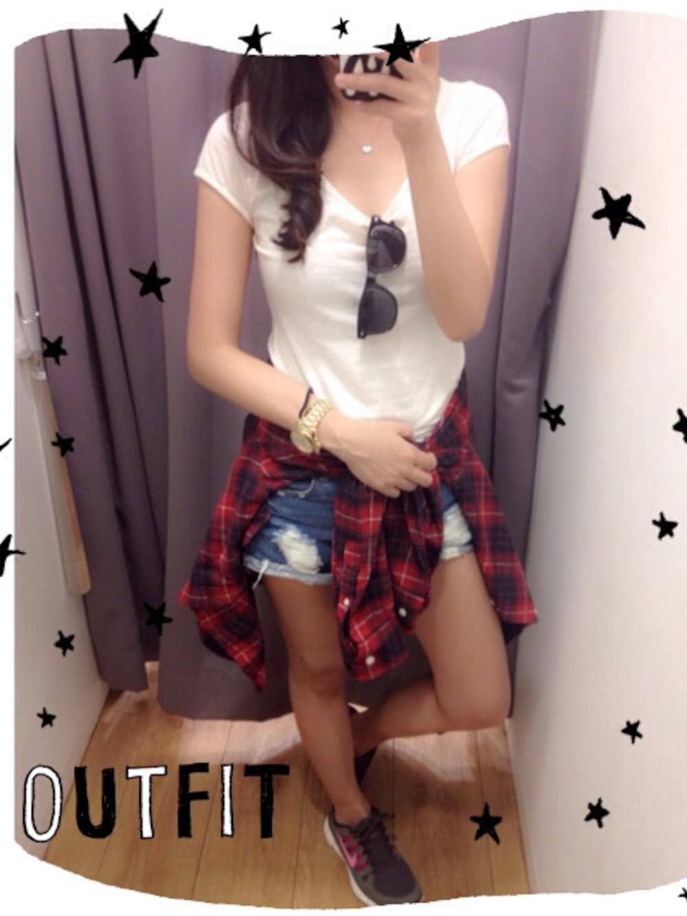 「格子衫、UNIQLO、PAZZO、NIKE」｜「UNIQLOのアイテム（シャツ/ブラウス、レッド系）」を使った、mini.instaさん（レディース・160cm）の夏コーディネートの1枚目の写真