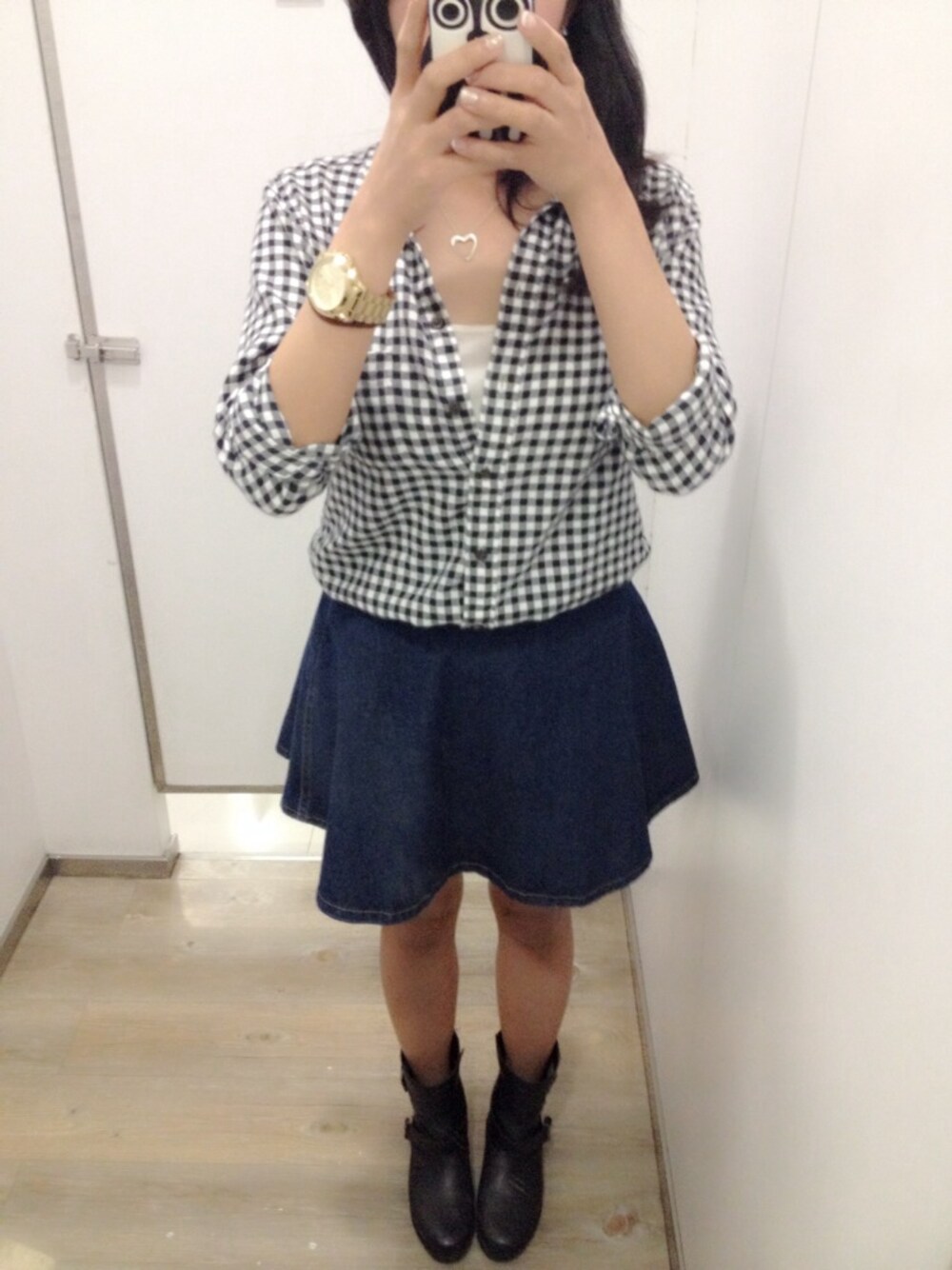 「American Apparel、UNIQLO、ZARA」｜「American Apparelのアイテム（スカート、ブルー系）」を使った、mini.instaさん（レディース・160cm）の秋コーディネートの1枚目の写真