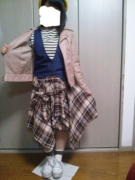「AS KNOW AS PINKY（アズノゥアズピンキー）のアイテム（ライダースジャケット）」を使った、みずさん（レディース・151cm）の冬コーディネート
