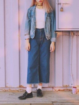 「cotton on（コットンオン）のアイテム（デニムジャケット、ブルー系）」を使った、GinaLaiさん（レディース・166cm）の秋コーディネート