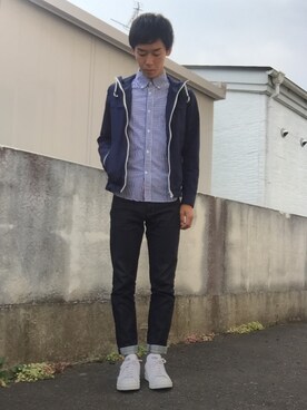 「アイテム（マウンテンパーカー、ブルー系）」を使った、かずちきさん（メンズ・173cm）の秋コーディネート