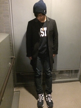 「And A（アンドエー）のアイテム（チェスターコート）」を使った、バーマンさん（メンズ・170cm）の冬コーディネート