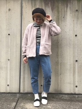 「アイテム（ノーカラージャケット）」を使った、KUBOさん（レディース・157cm）の冬コーディネート