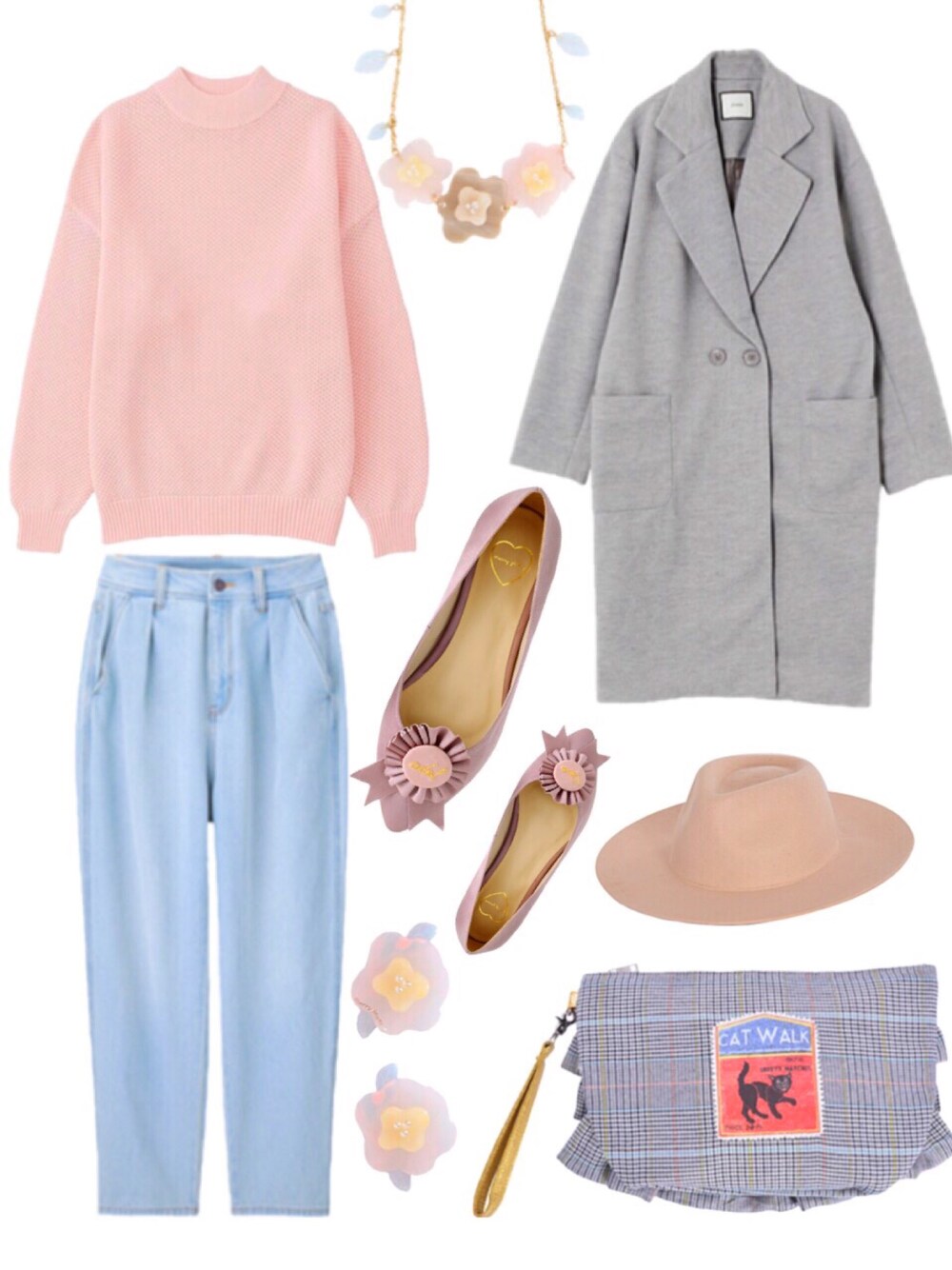 ピンク系のニット/セーター、ブルー系のデニムパンツ、グレー系のクラッチバッグを着用したレディースの冬コーディネートの1枚目の写真