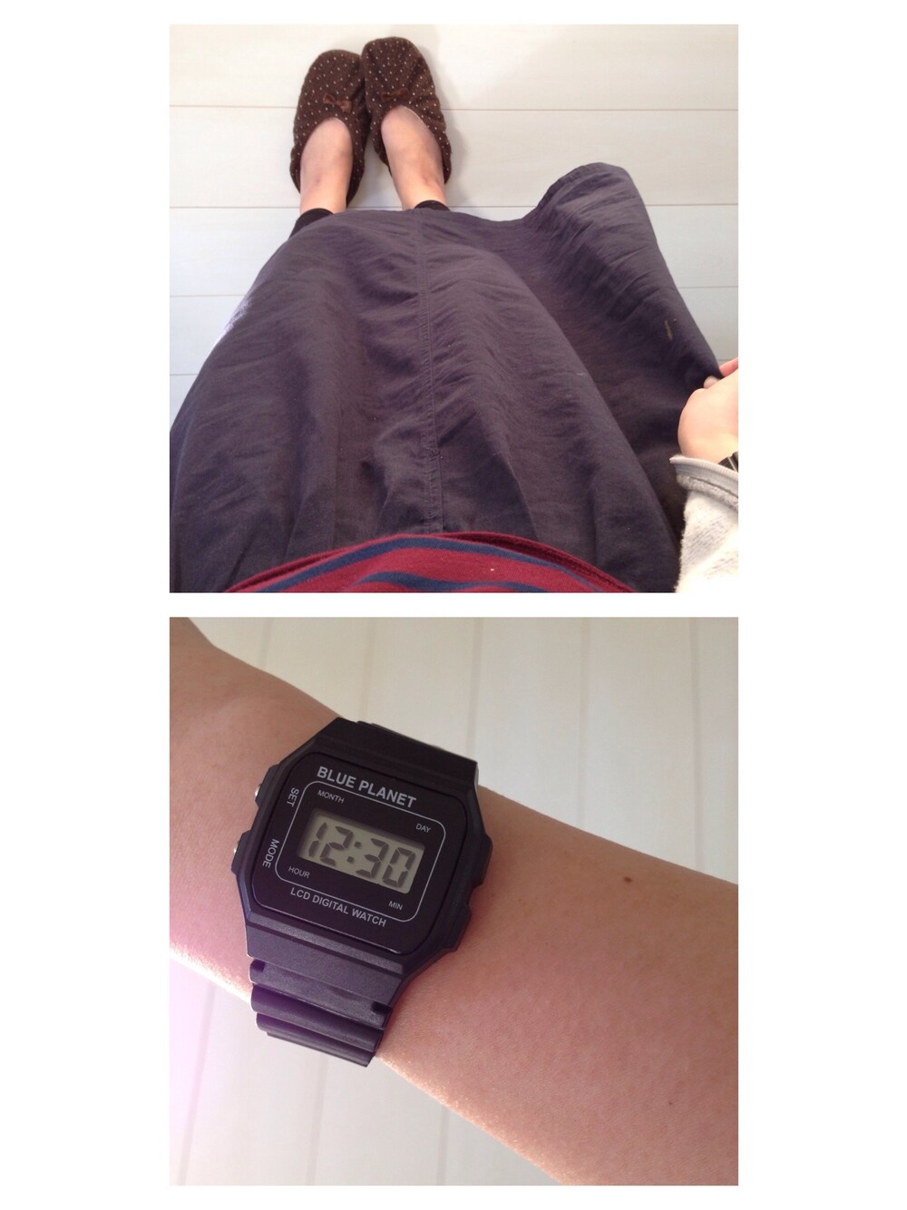 ブラック系のアナログ腕時計を着用したレディースの冬コーディネートの1枚目の写真