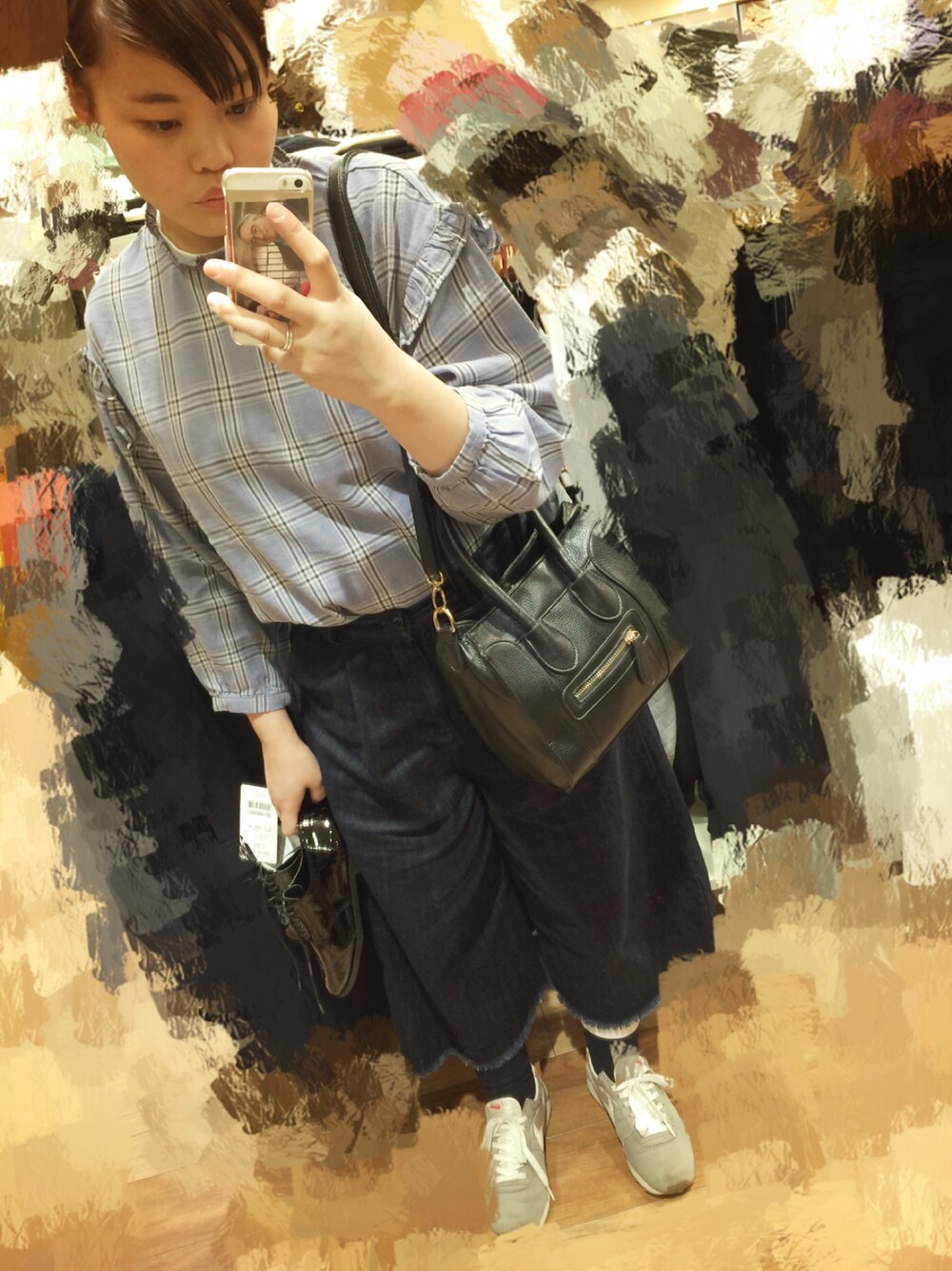 「チェック柄、ワイドパンツ、デニム、ワントーンコーデ？、w closet」｜「w closetのアイテム（アンサンブル、ブルー系）」を使った、KA13さん（レディース・156cm）の秋コーディネートの1枚目の写真