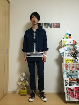 「soe（ソーイ）のアイテム（デニムジャケット）」を使った、西拓郎さん（メンズ・171cm）の夏コーディネート