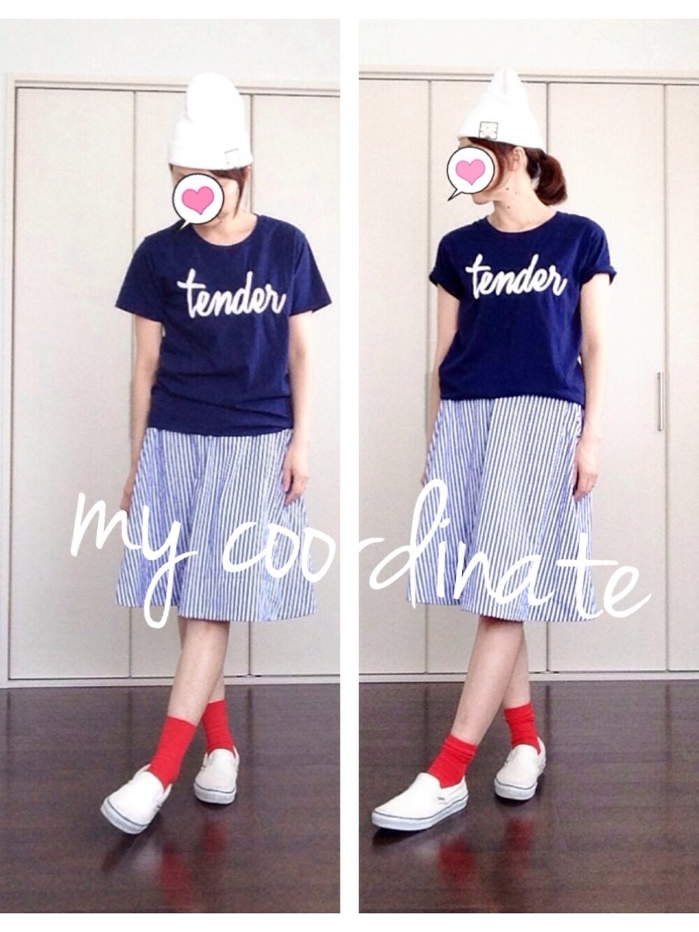 ブルー系のスカート、ブルー系のTシャツ/カットソー、ホワイト系のスニーカーを着用したレディースの春コーディネートの1枚目の写真