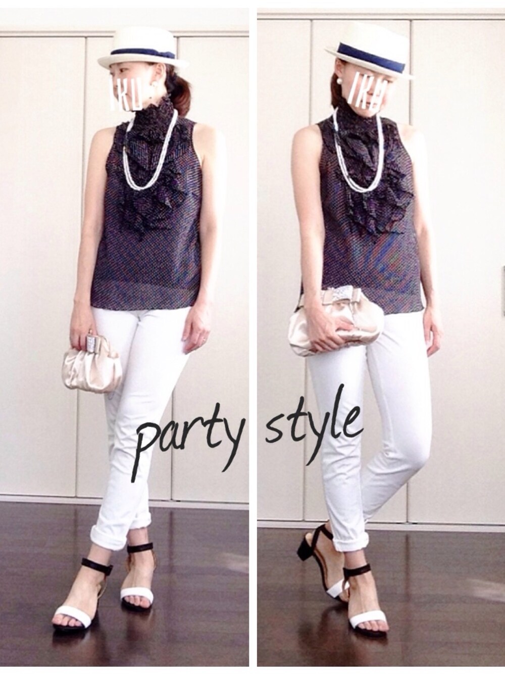 ブラック系のサンダル、ベージュ系のクラッチバッグ、ホワイト系のハットを着用したレディースの夏コーディネートの1枚目の写真