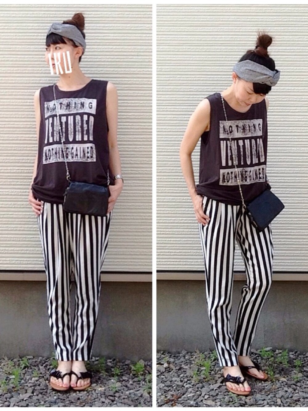 グレー系のTシャツ/カットソー、ホワイト系のその他パンツ、ブラック系のサンダルを着用したレディースの夏コーディネートの1枚目の写真