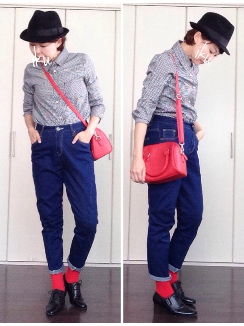 ブルー系のデニムパンツ、ブラック系のハットを着用したレディースの夏コーディネートの1枚目の写真