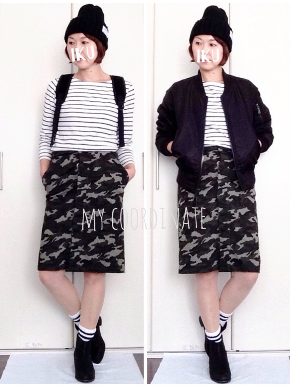 ブラック系のMA-1、その他のスカート、ブラック系のブーツを着用したレディースの秋コーディネートの1枚目の写真