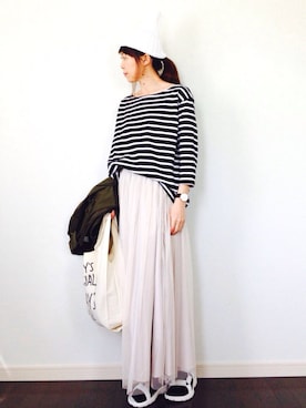 「エコバッグ」｜「アイテム（ミリタリージャケット）」を使った、IKUmamaさん（レディース・160cm）の春コーディネート