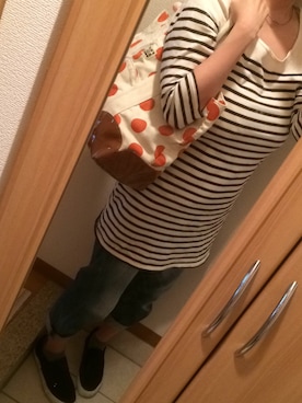 「アイテム（トートバッグ、オレンジ系）」を使った、もいもいさん（レディース・160cm）の夏コーディネート