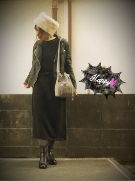 「服バカ」｜「アイテム（ライダースジャケット）」を使った、ひめもんさん（レディース・153cm）の冬コーディネート