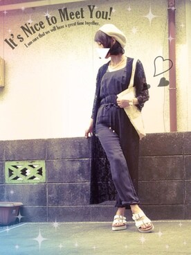 「ブラック×ホワイト」｜「アイテム（ハンチング/ベレー帽）」を使った、ひめもんさん（レディース・153cm）の夏コーディネート
