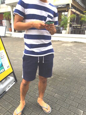 「GAP（ギャップ）のアイテム（ビーチサンダル）」を使った、Yusukeさん（メンズ・171cm）の夏コーディネート