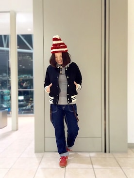 「ペインターパンツ」｜「アイテム（スタジャン）」を使った、キムラアスミさん（レディース・156cm）の冬コーディネート
