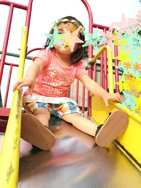 「しまむら（シマムラ）のアイテム（パンツ、ブルー系）」を使った、Mi-manさん（キッズ・90cm）の春コーディネート