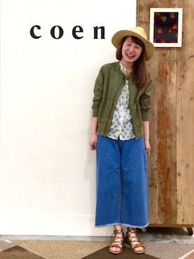 「coen（コーエン）のアイテム（帽子）」を使った、coen よこやまさん（レディース・158cm）の春コーディネート