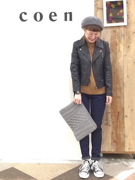 「coen」｜「アイテム（ライダースジャケット）」を使った、coen よこやまさん（レディース・158cm）の秋コーディネート