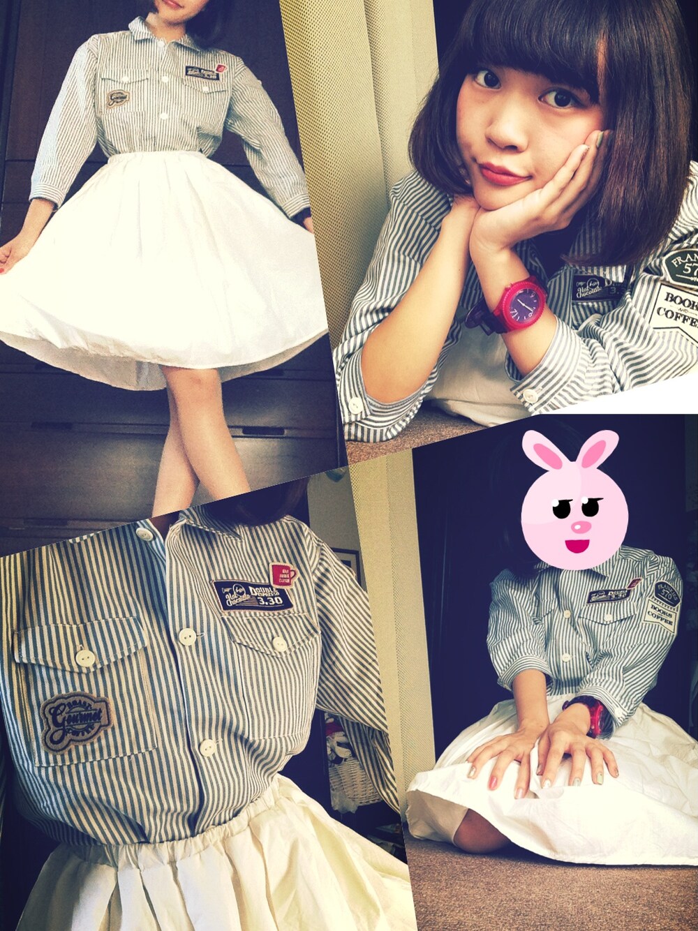 その他のスニーカー、ブルー系のシャツ/ブラウス、ホワイト系のスカートを着用したレディースの夏コーディネートの1枚目の写真